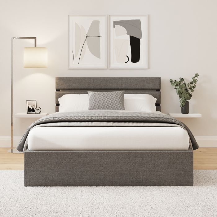 HUXON Double Ottoman Storage Bed with Panelled Headboard - Grey