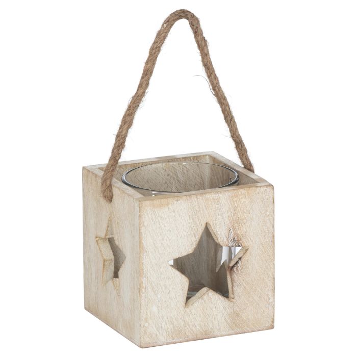 Washed Wood Star Tealight Candle Holder - White