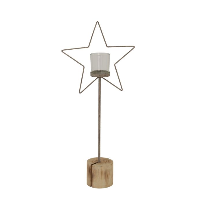 HERITAGE Large Natural Rustic Star On Wood Stand With Glass Votive - Multi Colour