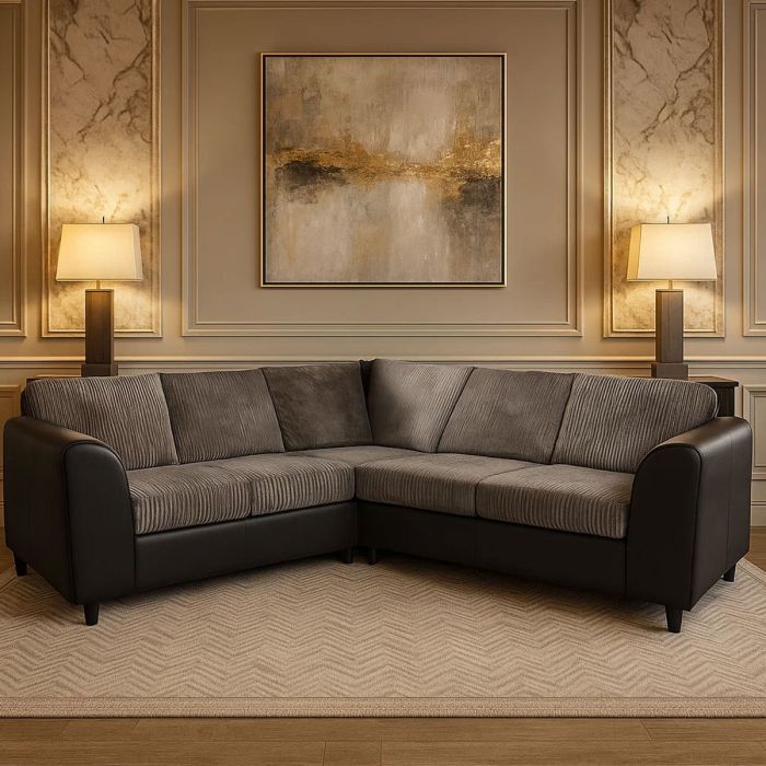JAMBA Jumbo Cord 5 Seater L Shaped Fullback Corner Sofa - Black and Grey