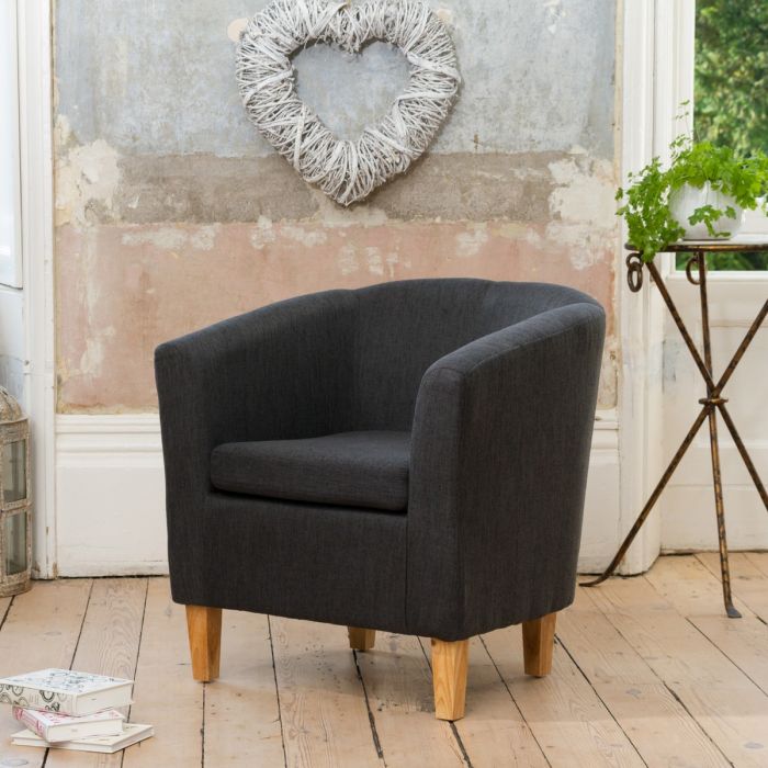Tub Chair - VIVELLA Textured Fabric Chair with Light Wood Legs - Black