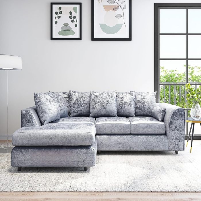 VELOURA Crush Velvet 4 Seater Scatterback Corner Sofa - L Shaped - Left Hand Facing - Silver