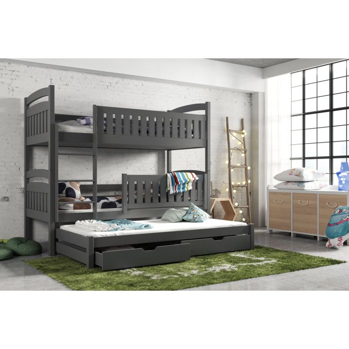Brenda Wooden 2 Drawers Bunk Bed with Trundle and Bonnell Foam Mattress - Graphite