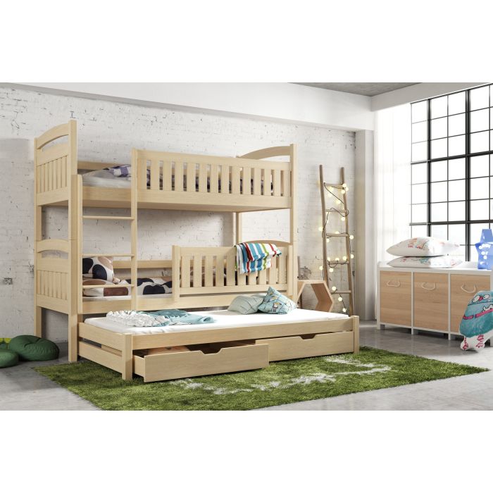 Brenda Wooden 2 Drawers Bunk Bed with Trundle and Bonnell Foam Mattress - Pine