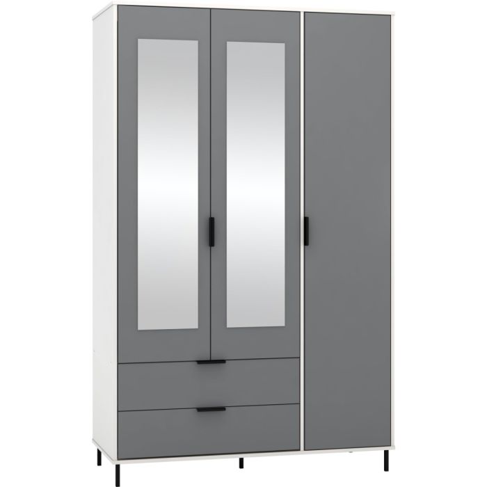 MANILA 3 Door Mirrored Wardrobe with 2 Drawers Grey and White Gloss - 121.5cm