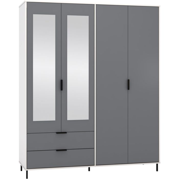 MANILA 4 Door Mirrored Wardrobe with 2 Drawers Grey and White Gloss - 160cm