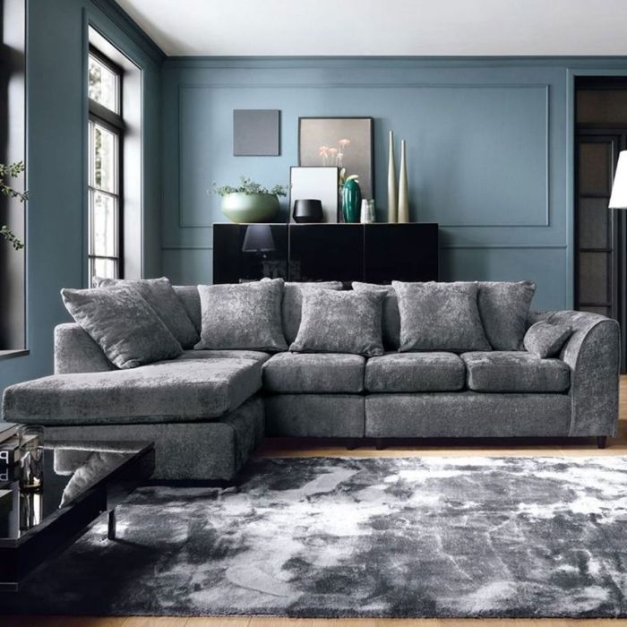 GILLIVER Crushed Chenille Fabric 5 Seater L Shaped - Left Hand Facing Corner Sofa - Dark Grey