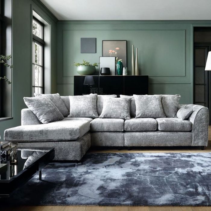 GILLIVER Crushed Chenille Fabric 5 Seater L Shaped - Left Hand Facing Corner Sofa - Light Grey