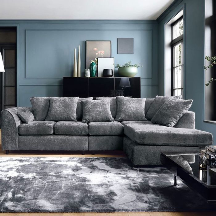GILLIVER Crushed Chenille Fabric 5 Seater L Shaped - Right Hand Facing Corner Sofa - Dark Grey