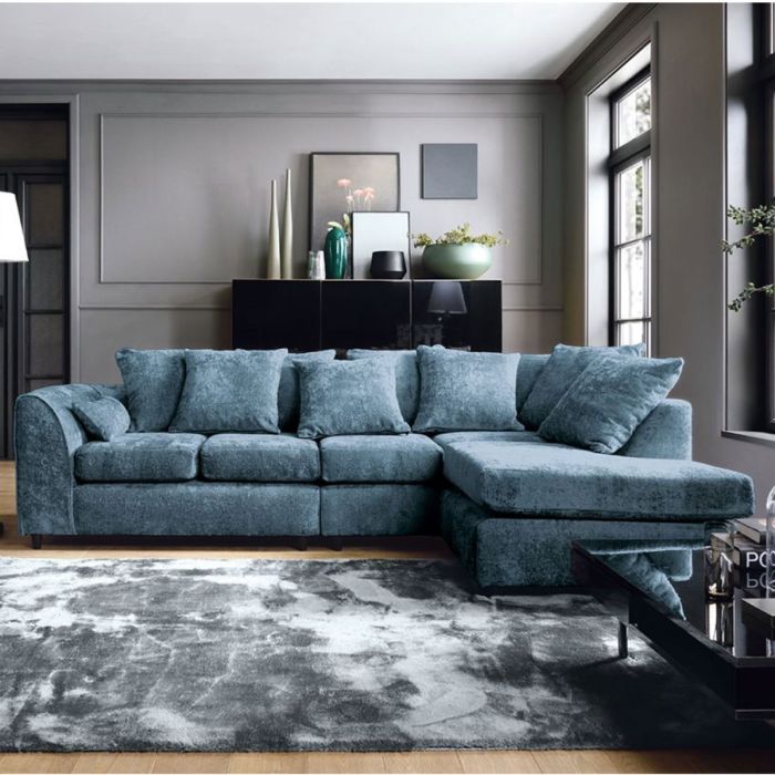GILLIVER Crushed Chenille Fabric 5 Seater L Shaped - Right Hand Facing Corner Sofa - Dark Blue