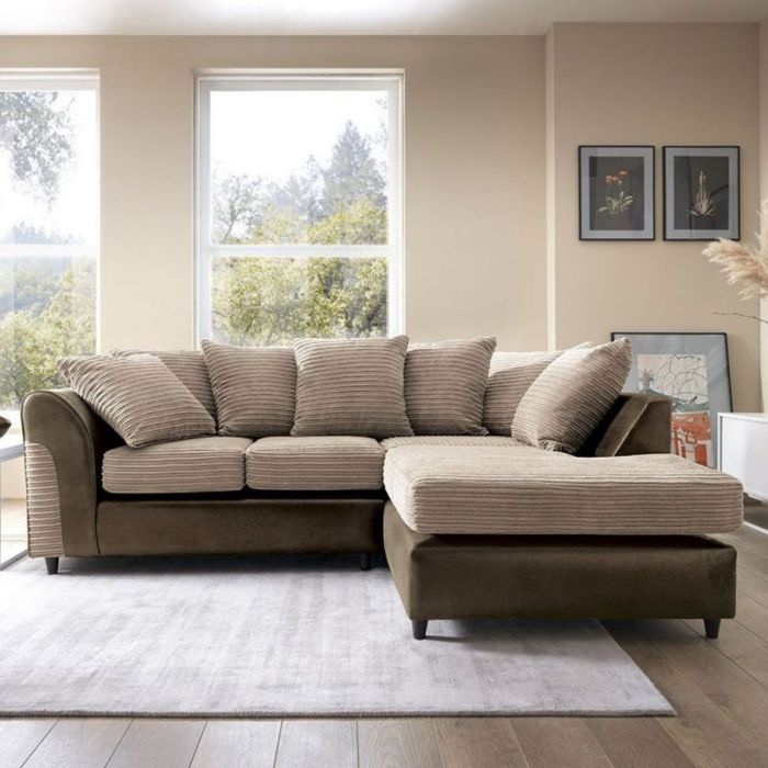 SPENCER Cord Fabric 4 Seater L Shaped - Right Hand Facing Corner Sofa - Brown and Beige