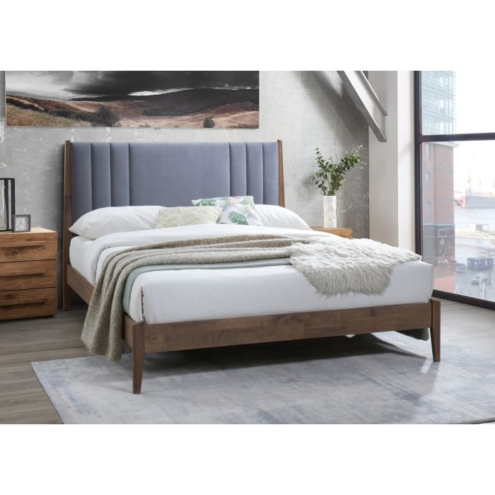 Double Bed - CHELVARA Wooden 4ft6 Fabric Bed Dark Grey