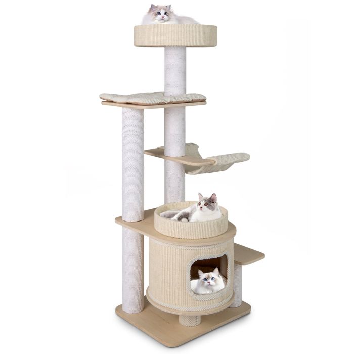 151cm Multi-Level Cat Tree with Condo & Perch-Natural & White