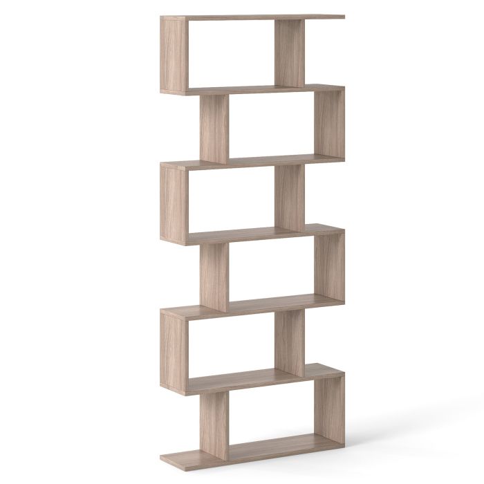 WZEN 6-tier S-shaped Wooden Industrial Bookshelf-Grey