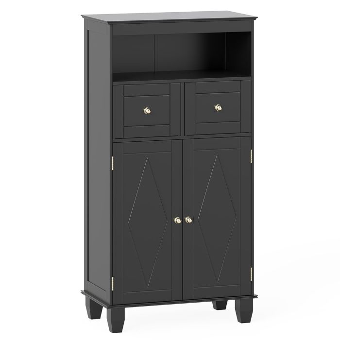 KVARO Bathroom Floor Storage Cabinet with Doors and Shelves-Black