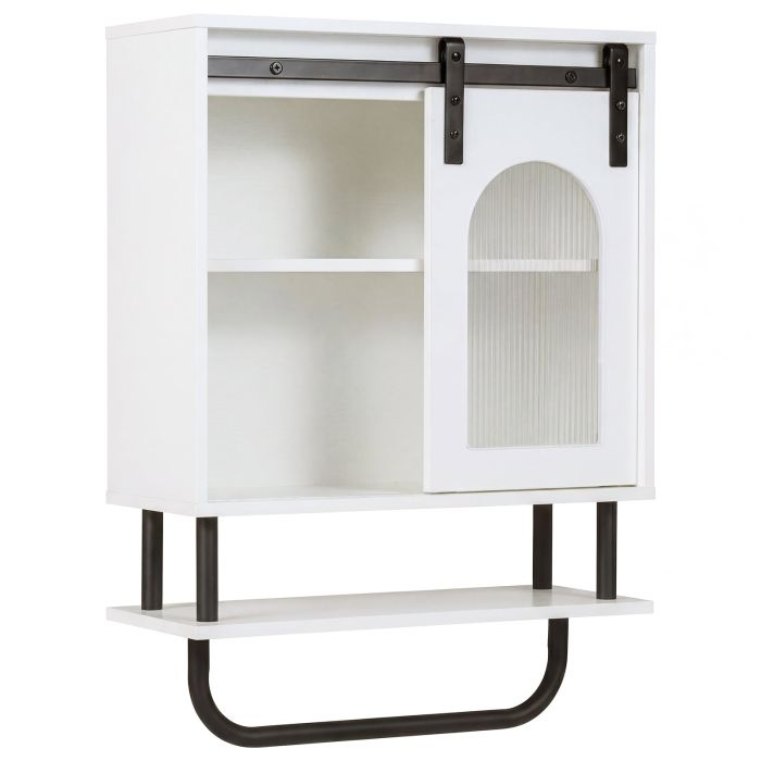 Bathroom Wall Cabinet with Sliding Barn Door and Metal Hanging Bar-White