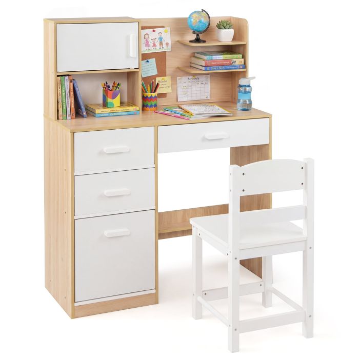 JOREX Kids Desk and Chair Set Study Table with Hutch Bulletin Board 3 Drawers-Natural