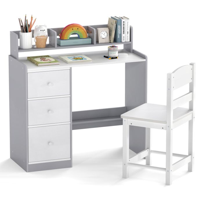 AVELON Kids Study Desk and Chair Set Wooden Children Writing Desk with Hutch-Grey