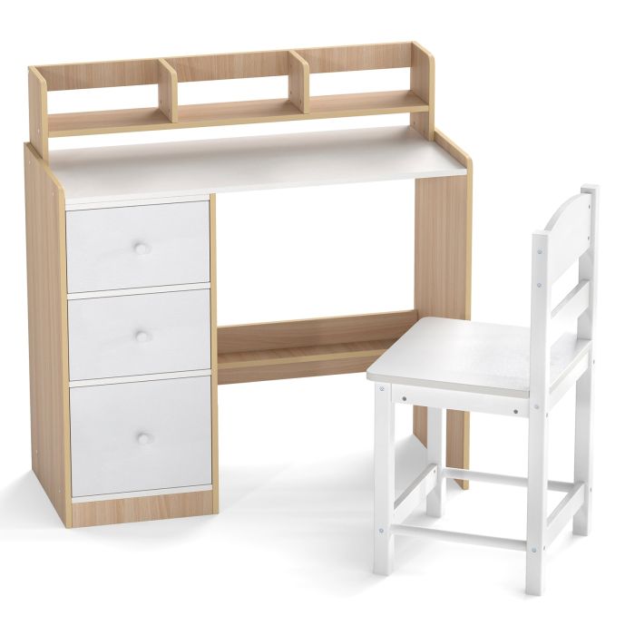 AVELON Kids Study Desk and Chair Set Wooden Children Writing Desk with Hutch-Natural