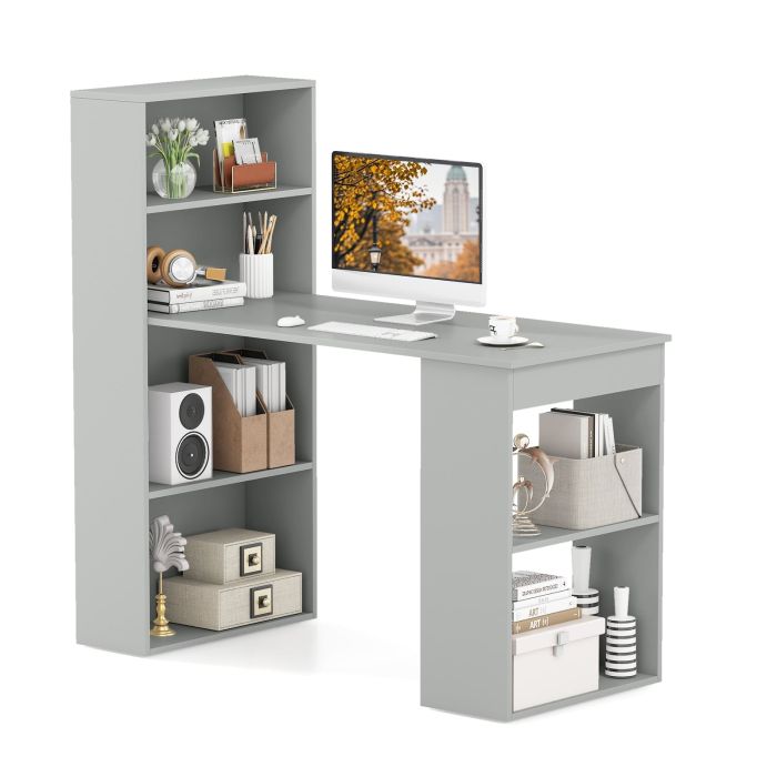 Modern 3-in-1 Wooden Computer Desk with 6-Tier Storage Bookshelves-Grey
