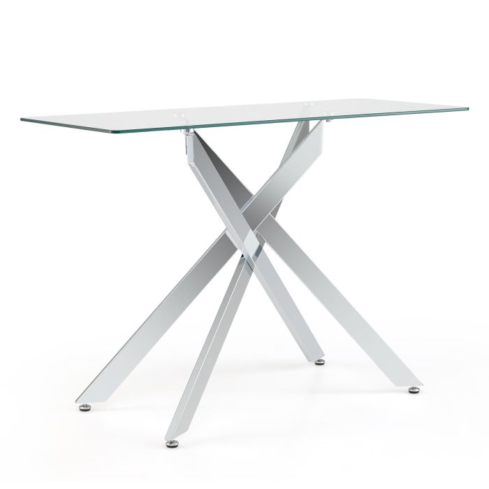 JORIN Modern Glass Console Table with Tempered Glass Top and Tubular Legs-Silver