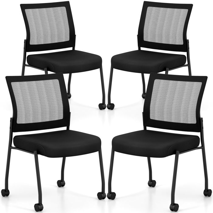 Stackable Armless Waiting Room Guest Chair with Wheels Set of 4-Black