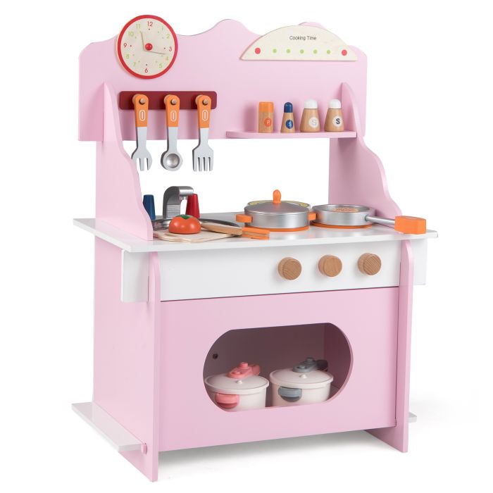 TILOR Pretend Play Toy Kitchen Set with Clock Stove Spice Rack-Pink