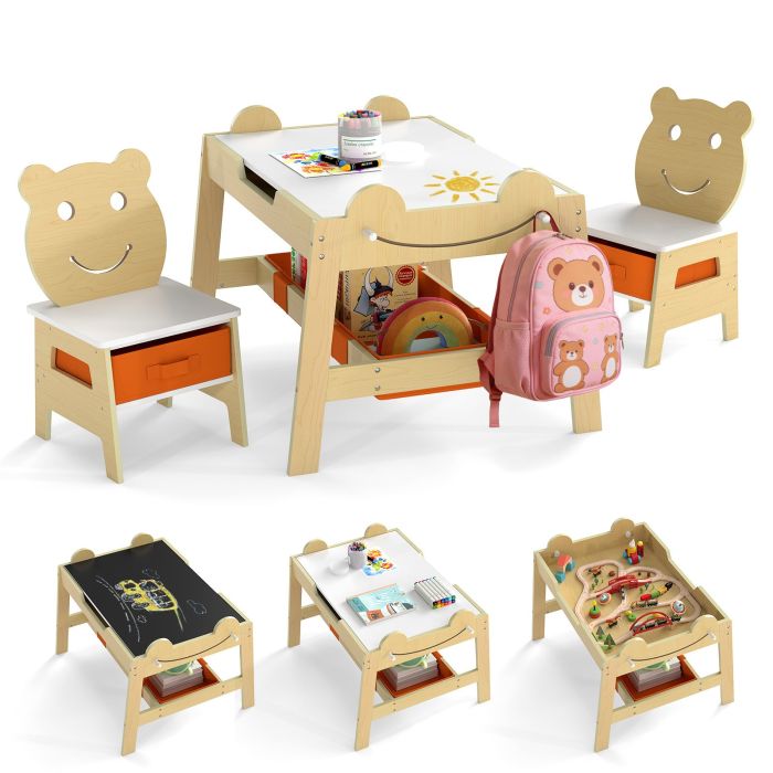 Kids Wooden Table & 2 Chairs Set with Detachable Top-Natural