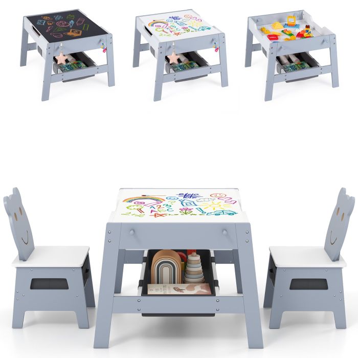 ZLYN Versatile Kids Table and 2 Chairs Set with Detachable Double-sized Tabletop-Grey