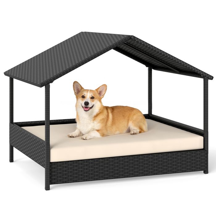 URBANIX Wicker Dog House Outdoor Indoor with Canopy up to 60kg-Beige