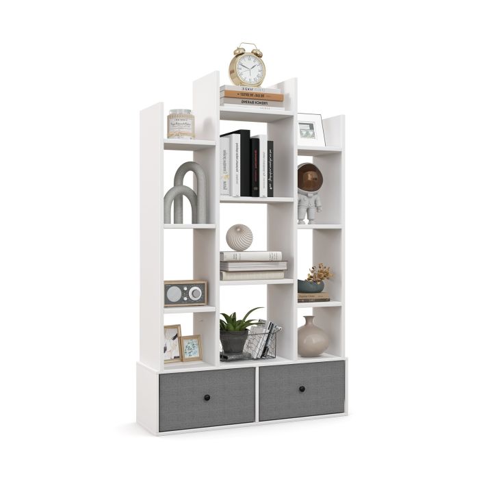 Bookcase - 12-Tier Wooden Bookshelf with Folding Drawer for Study Living Room-White
