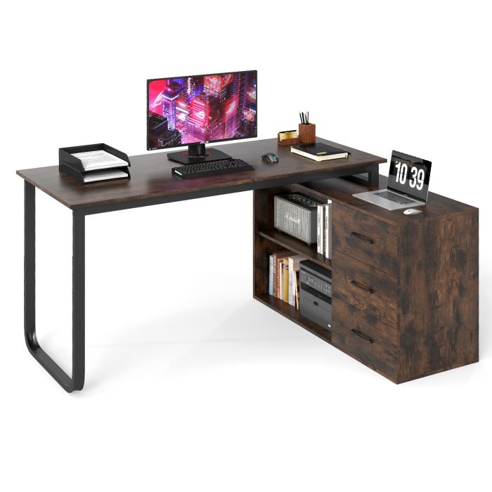 ATA Heavy-duty L Shaped Computer Desk Corner Executive Desk with 3 Drawers-Coffee