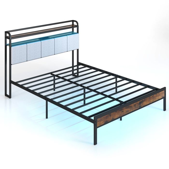 Kingsize Bed - VELORA Bedframe with LED Light and Charging Station - Brown