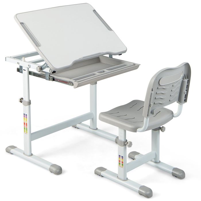 Kids Furniture - Height Adjustable Kids Study Table and Chair Set with Tilting Tabletop-Grey