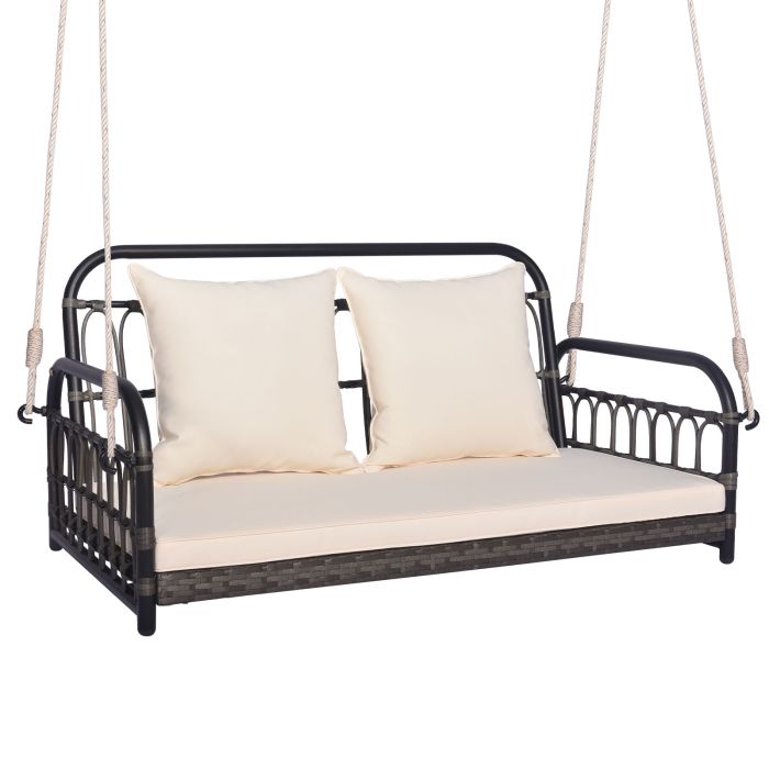 Porch Swing - 2-Person Patio Wicker Swing Chair with Removable Cushions for Garden, Poolside, Backyard-Off White