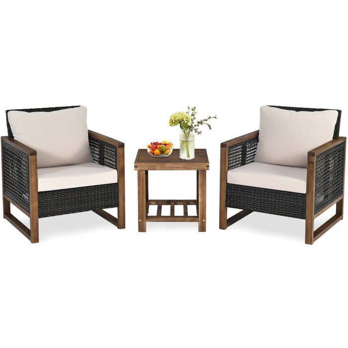 Patio Set - 3 Pieces Outdoor Rattan Furniture Bistro Set with Cushioned Sofas - Beige