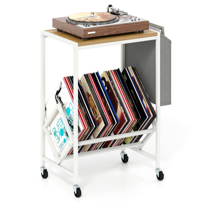 RELIX Rolling Record Player Stand with Vinyl Storage and Magazine Holder-Natural
