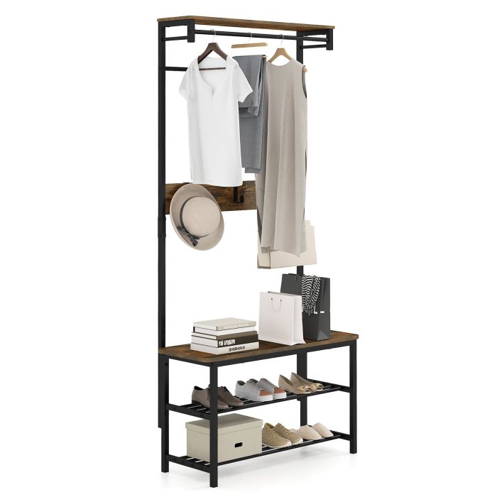 Hall Tree with Bench and Shoe Storage with Hanging Bars-Rustic Brown