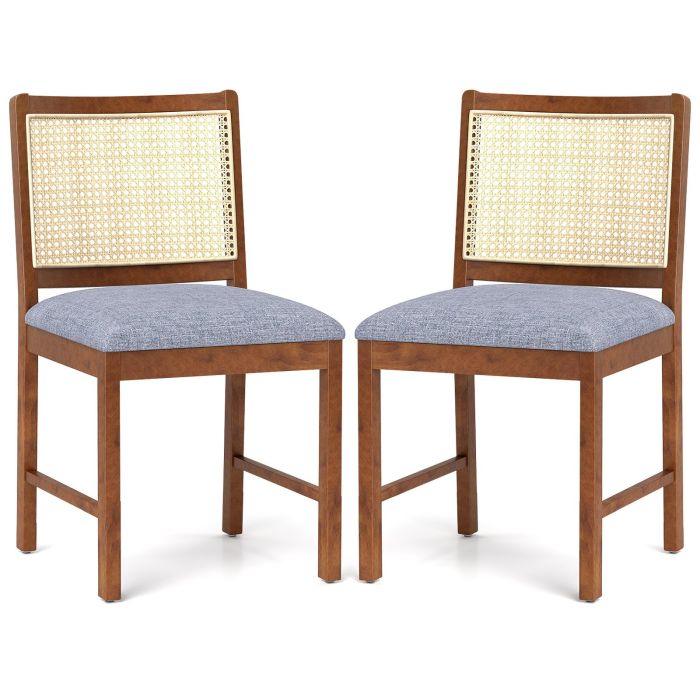 Rattan Dining Chair Set of 2 with Rubber Wood Frame and Linen Fabric Padded-Walnut