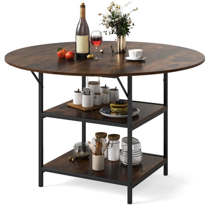 TIVEN 120cm Round Dining Table with Storage Shelf & Metal Frame-Black & Brown