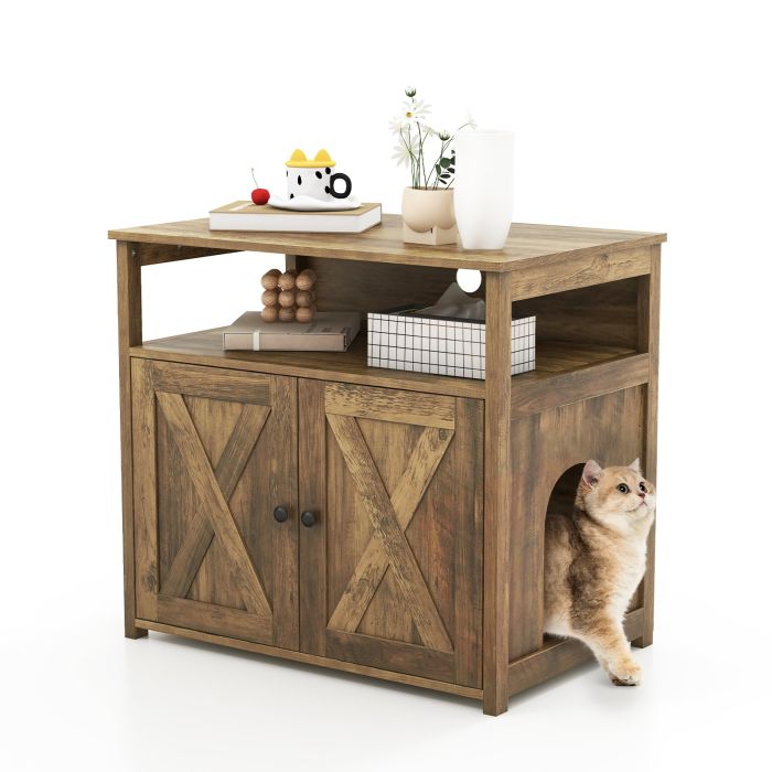 Cat Furniture - Cat Litter Box Enclosure with Doors and Side Entrance-Oak