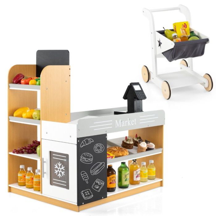 Pretend Play Grocery Store Set with Shopping Cart and 2 Chalkboards-White