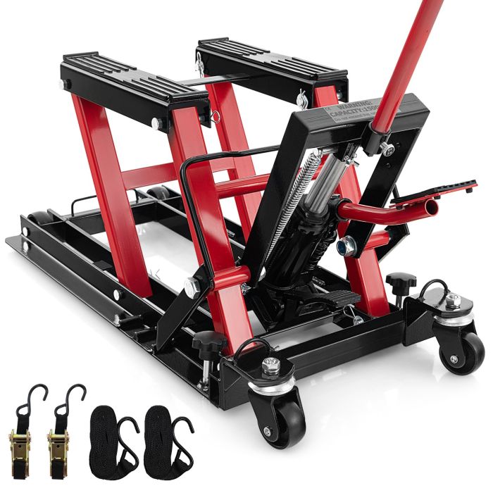 LYONDA 680KG Motorcycle Lift Jack with 4 Wheels and Footplates-Red