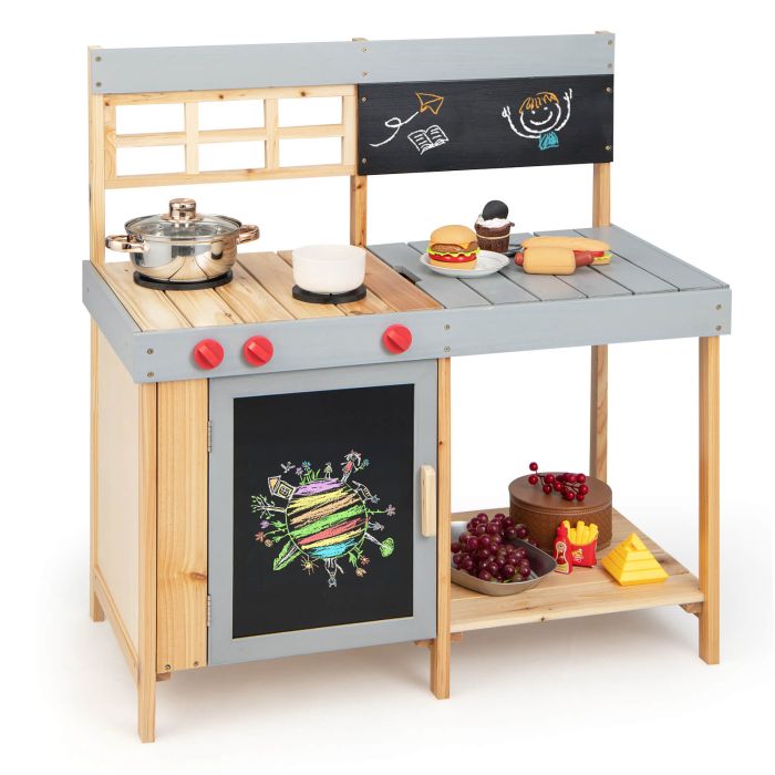 Kids Kitchen Toy - Kids Wooden Mud Kitchen Set with Chalkboard
