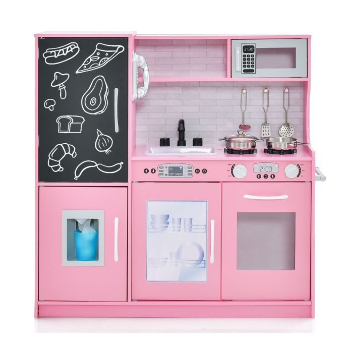 Kids Kitchen Toy - Toddler Pretend Kitchen Playset with Accessories and Simulated Sounds-Pink