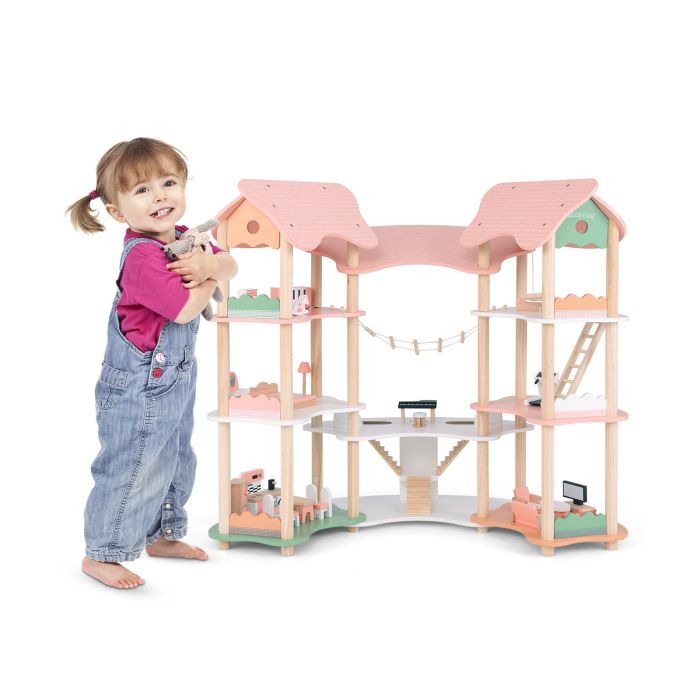 Kids Dollhouse - Multi-Layer Wooden Dollhouse Versatile Kids Playhouse Toy with 7-Room-Pink
