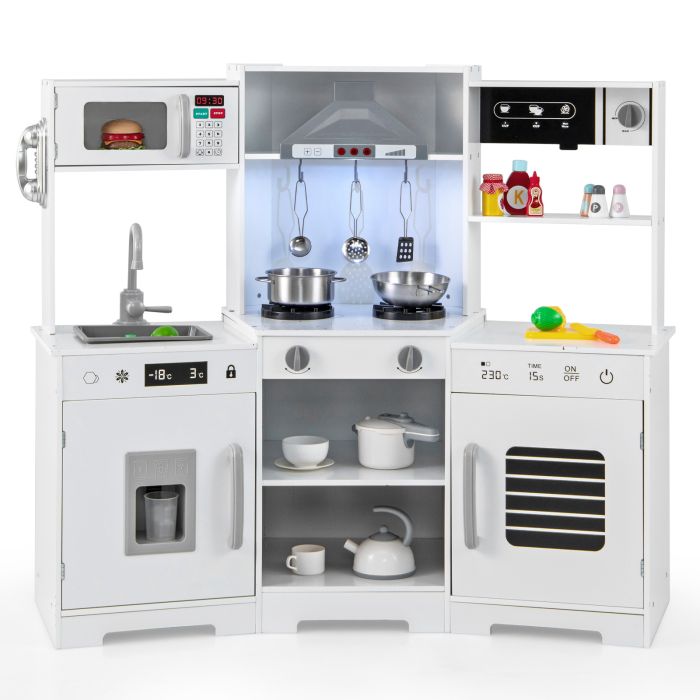 Kids Kitchen Toy - Wooden Pretend Play Kitchen with Real Sounds and Lights-White