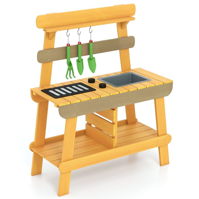 Outdoor Mud Kitchen for Kids Toddler Wood Pretend Play Kitchen-Yellow