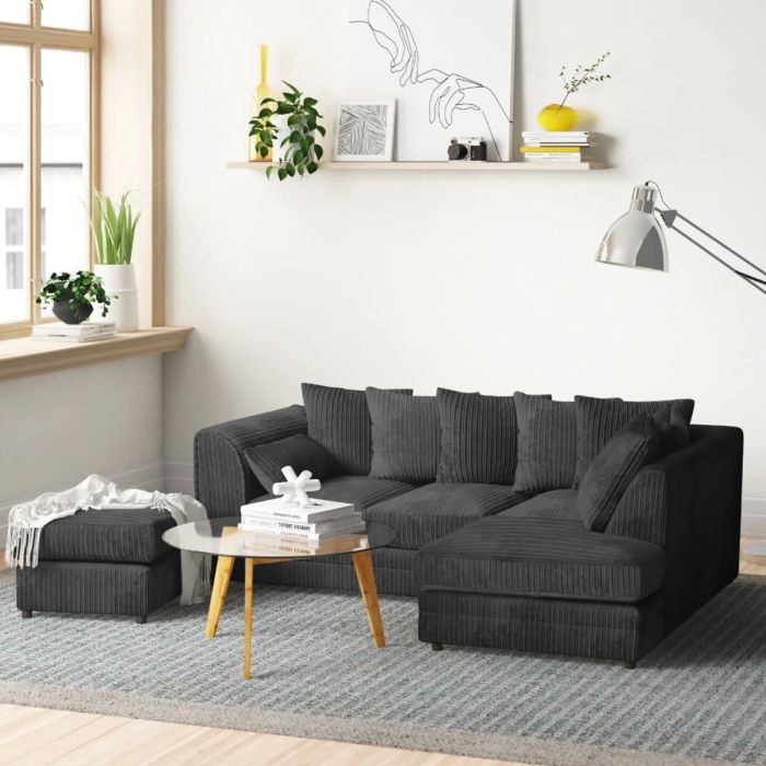 MONA Jumbo Cord 4 Seater L Shaped - Right Hand Facing Corner Sofa with Footstool - Black