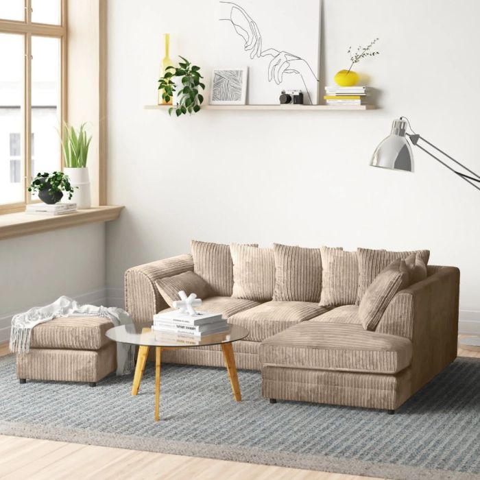 MONA Jumbo Cord 4 Seater L Shaped - Right Hand Facing Corner Sofa with Footstool - Mink